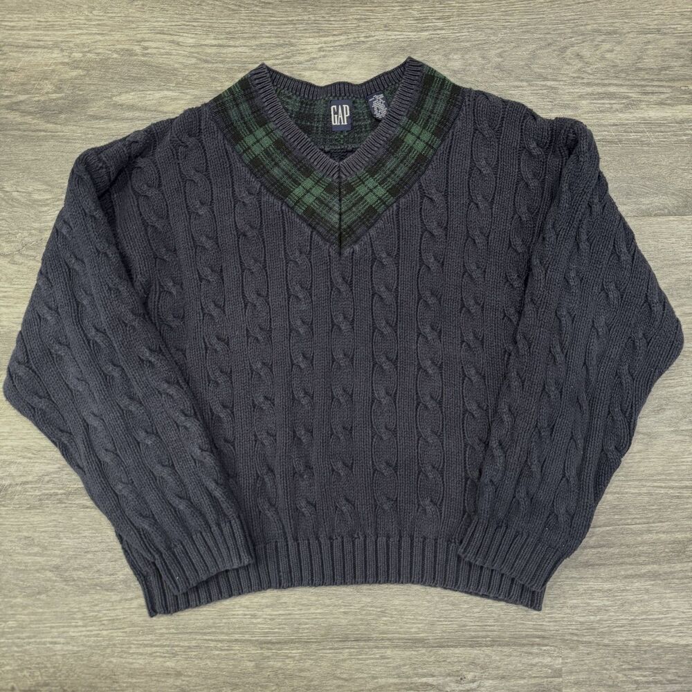 Vintage 90's Gap Cable Knit Sweater XL Navy Green Plaid V Neck 100% Cotton